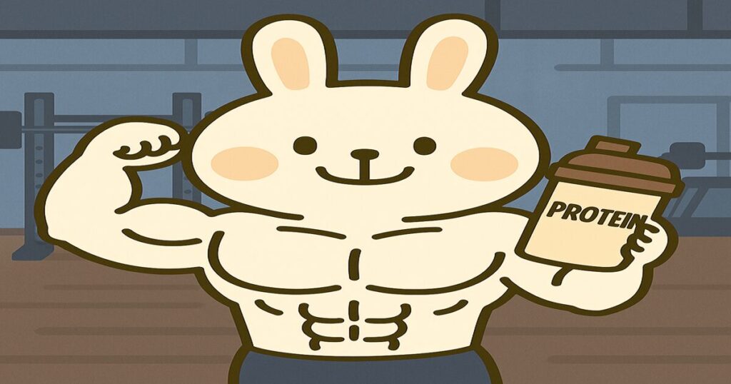 筋肉質なうさぎのキャラクター・みどりんがジムの中でプロテインシェイカーを持ち、右腕を力こぶでアピールしているイラスト